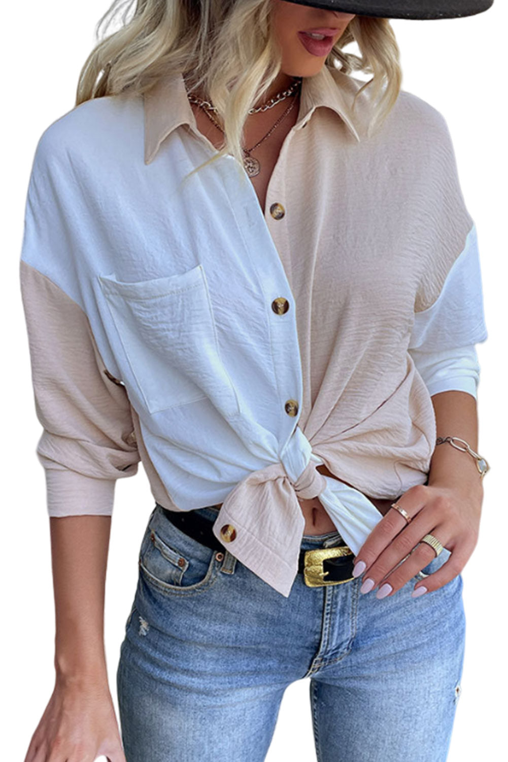 Apricot Colorblock Pocketed Button Up Textured Shirt