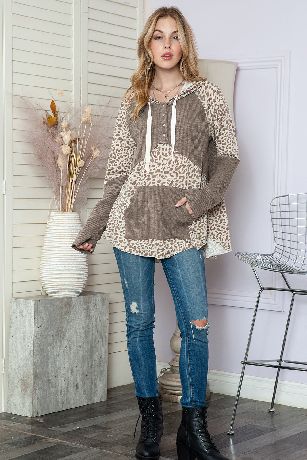 Leopard Ribbed Patchwork Kangaroo Pocket Henley Hoodie