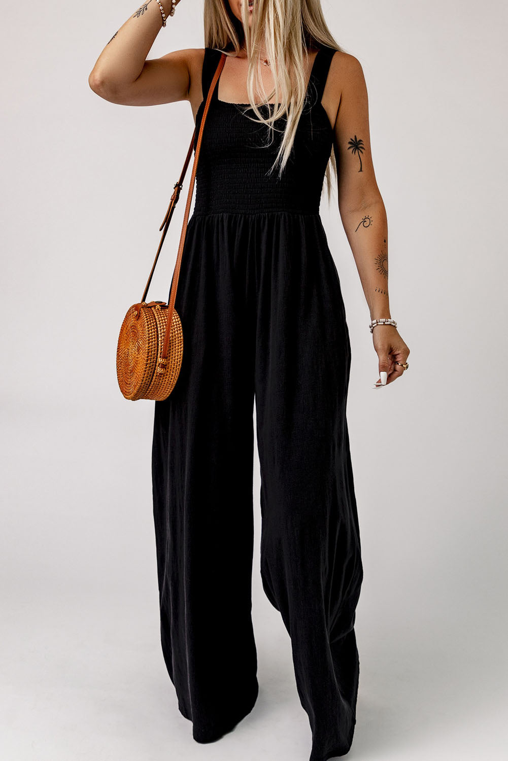 Black Casual Smocked Sleeveless Wide Leg Jumpsuit With Pockets