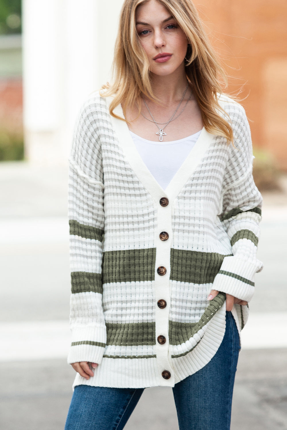 Black Striped Textured Knit Buttoned Cardigan