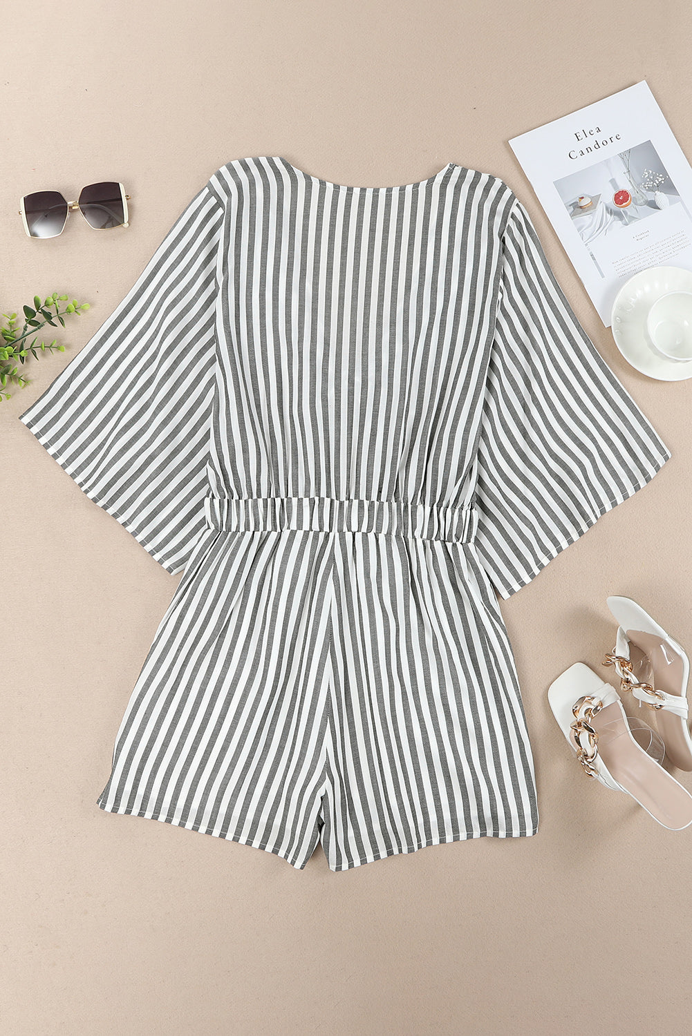 Grey Striped Print Tie Knot Front Romper With Pockets