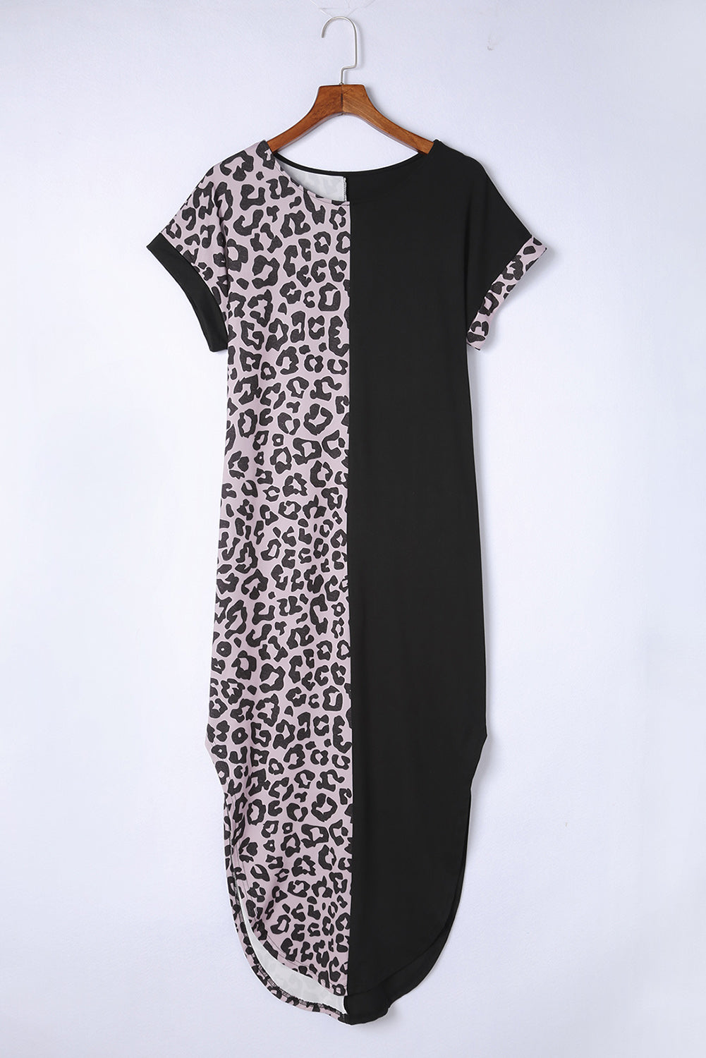 Grey Leopard Print Short Sleeve Side Slits Pocket Dress