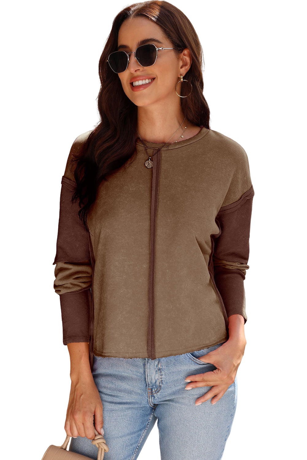 Desert Palm Patchwork Long Sleeve Distress Pullover Sweatshirt