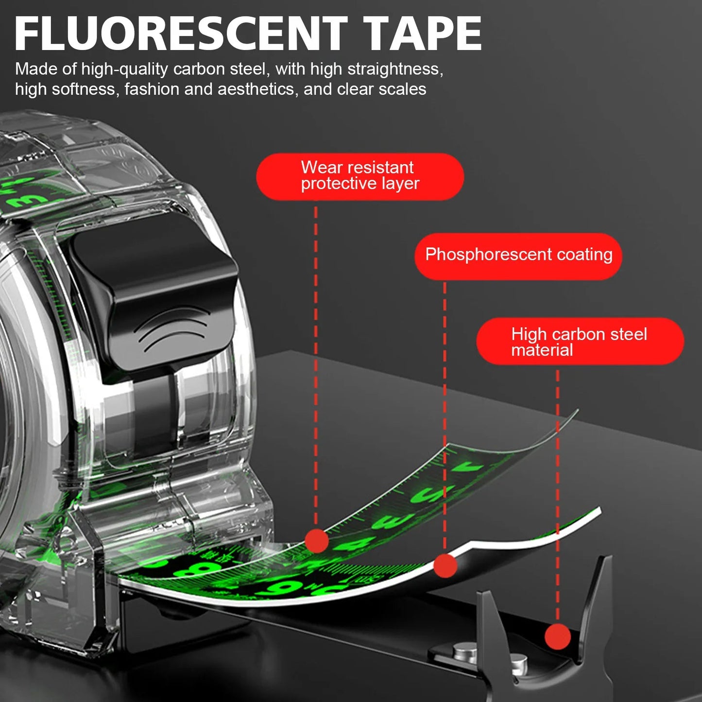 10M Self - Locking Tape Measure Black Fluorescent Tape Measure High Precision Thickened Wear - resistant Drop - proof Tape Measure - 888kiko