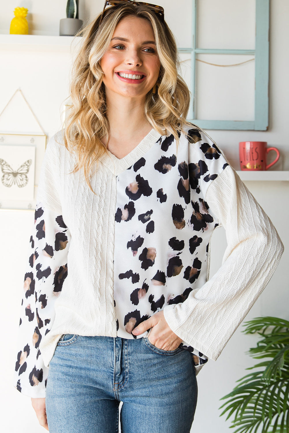 Black V Neck Leopard Colorblock Patchwork Long Sleeve Top