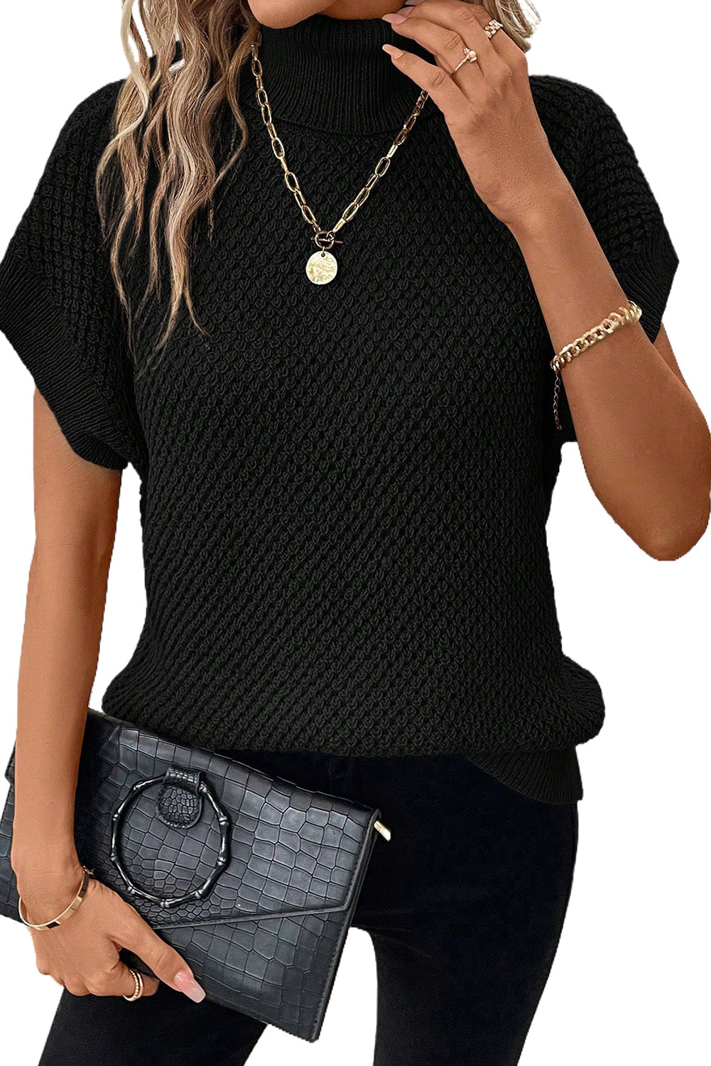 Khaki Ribbed Turtleneck Textured Short Sleeve Sweater