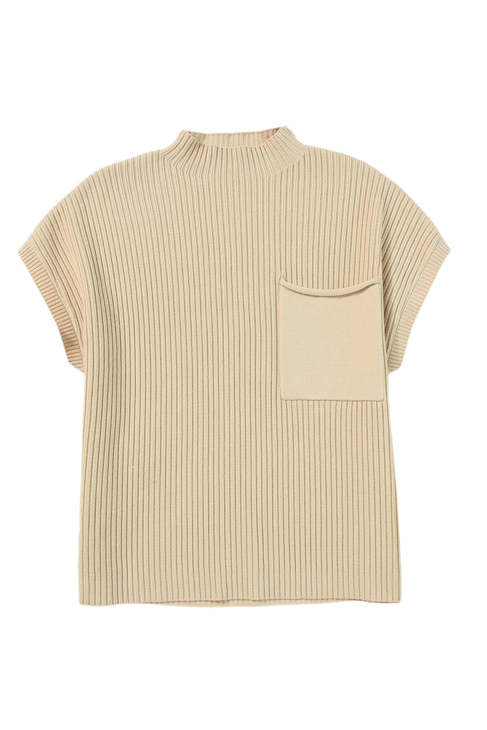 Gray Patch Pocket Ribbed Knit Short Sleeve Sweater