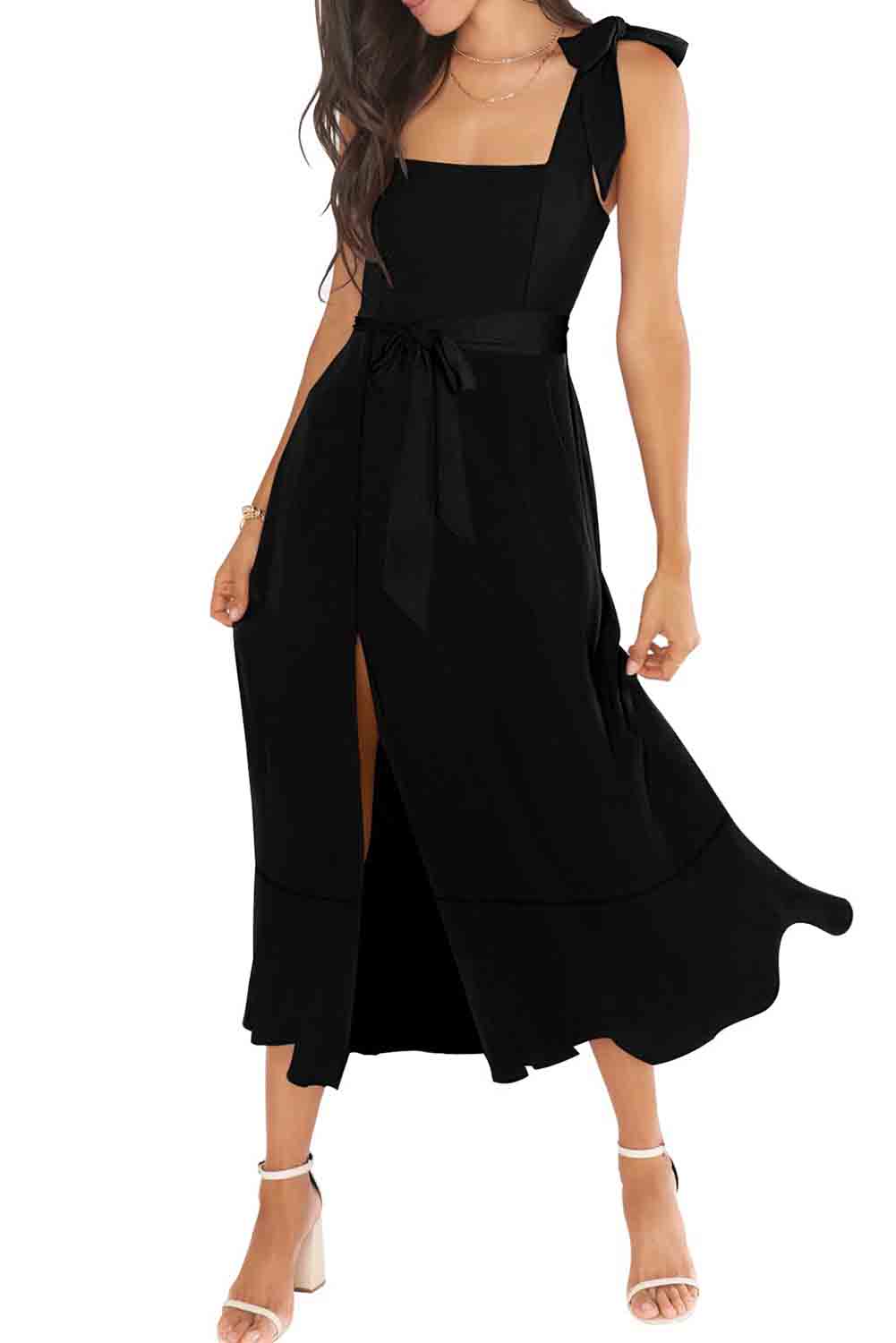 Black Tie Shoulder Smocked Back Side Slit Maxi Dress