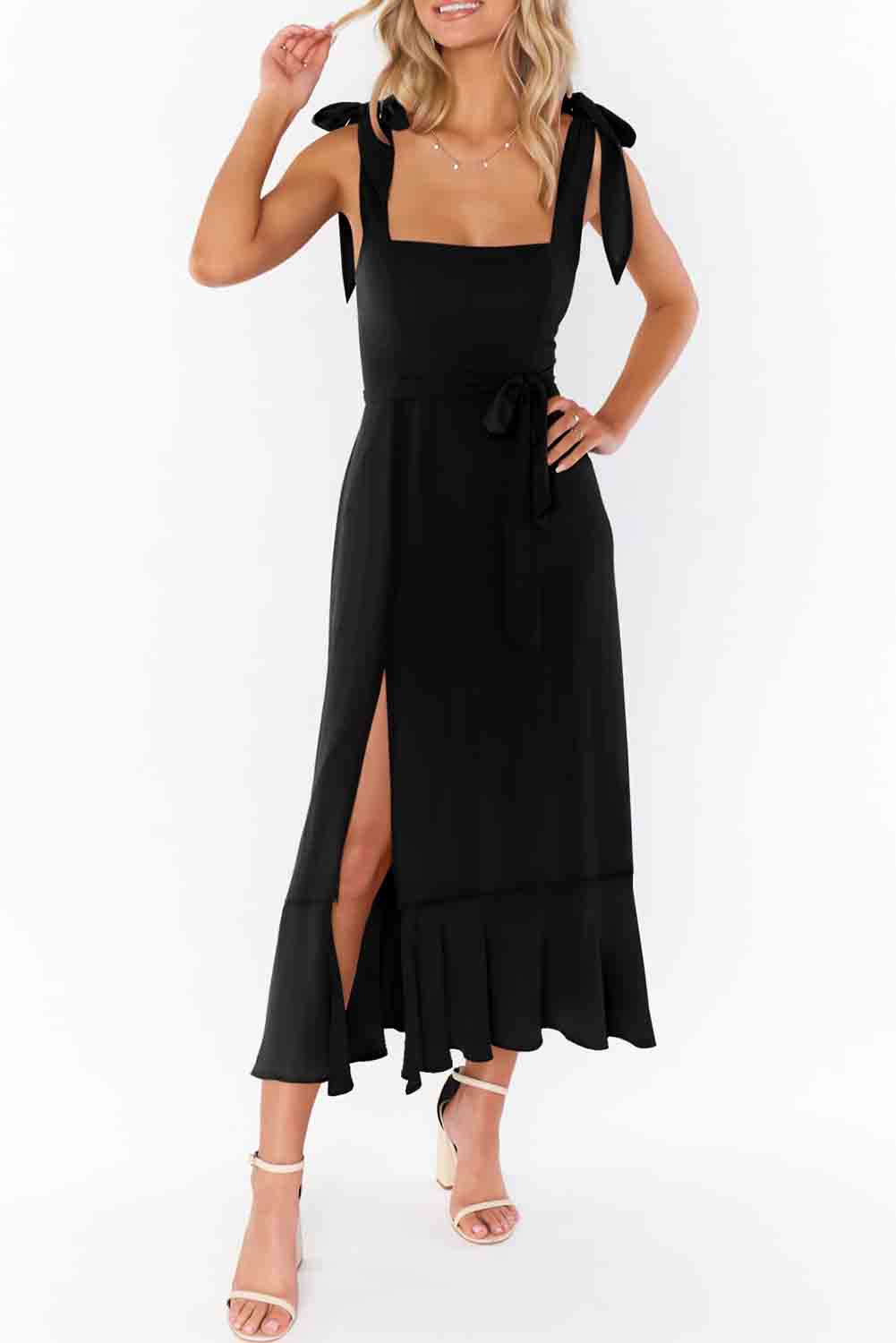 Black Tie Shoulder Smocked Back Side Slit Maxi Dress