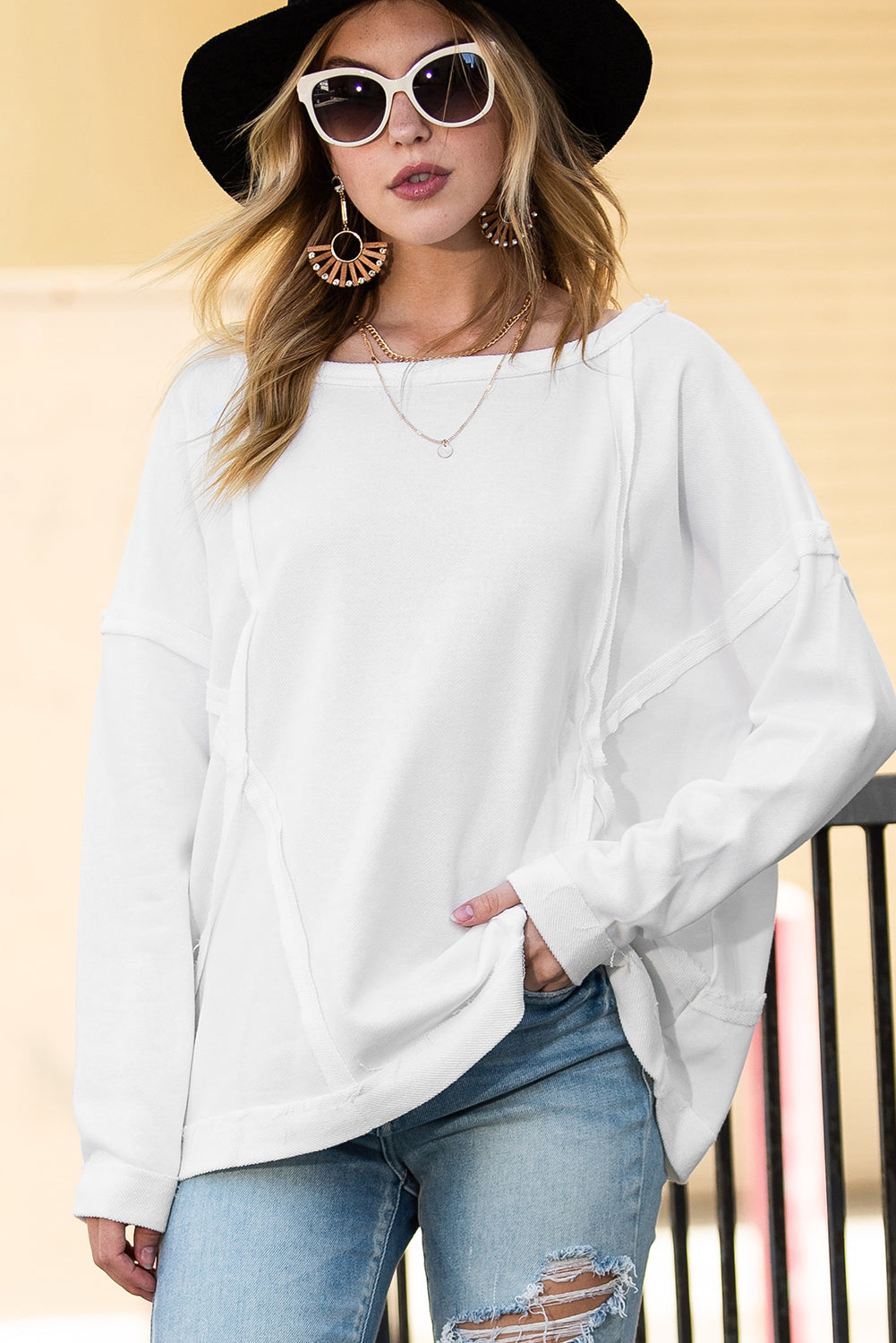 White Drop Shoulder Exposed Seam Oversized Sweatshirt