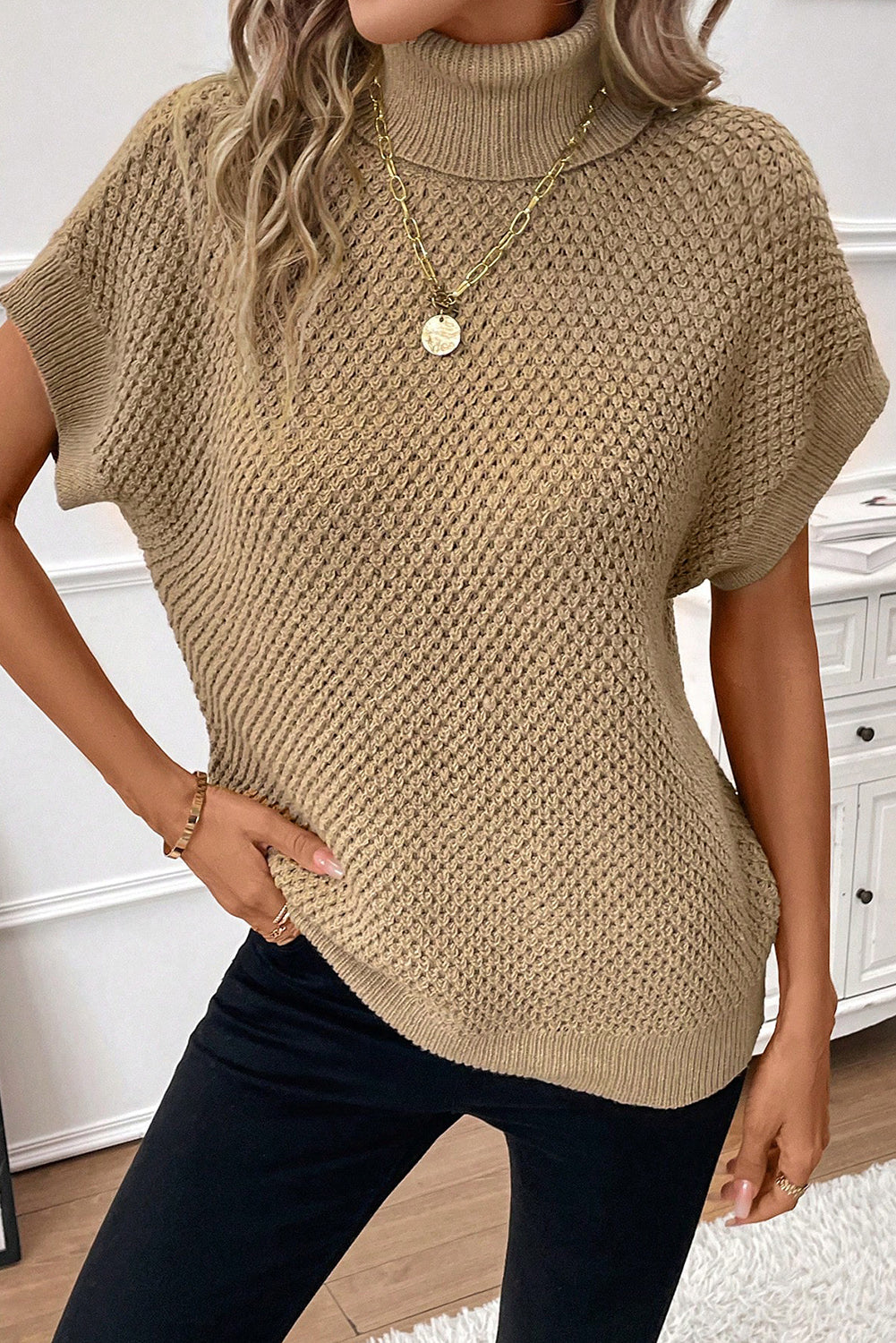 Khaki Ribbed Turtleneck Textured Short Sleeve Sweater