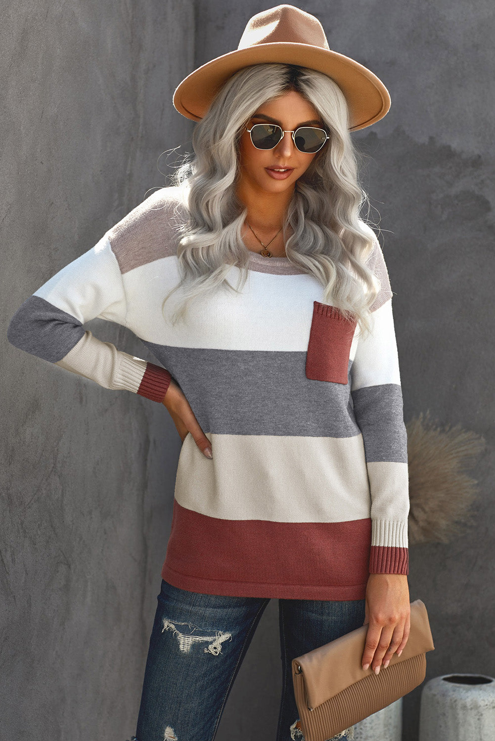 Grey & White Colorblock Casual Pockets Knit Sweater