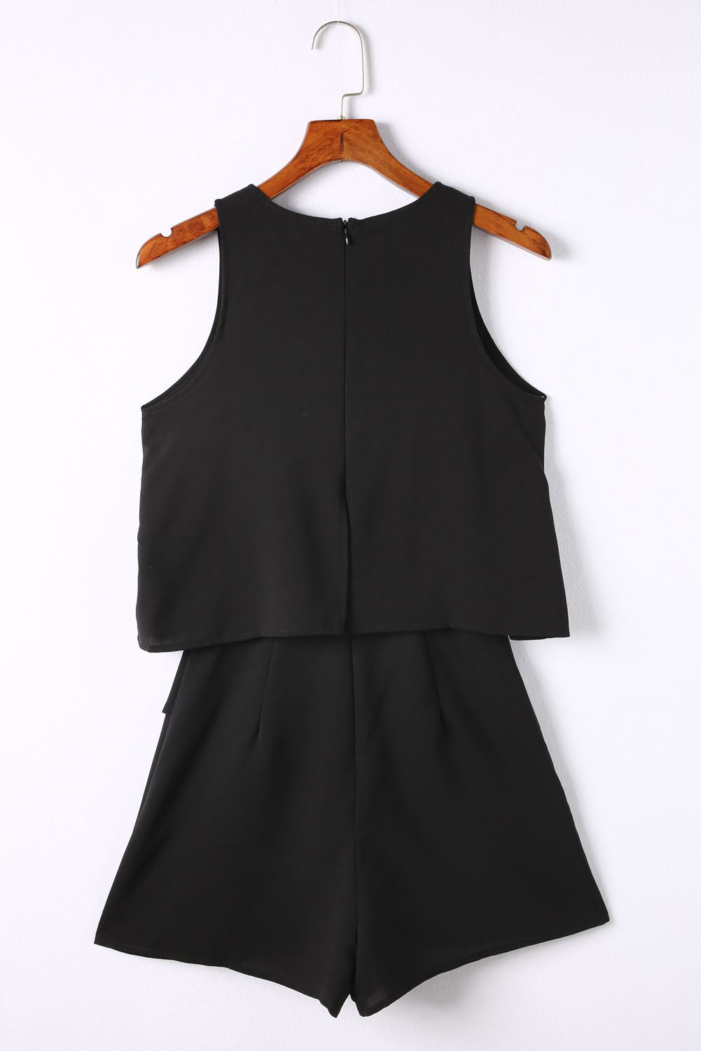 Black Casual Ruffle Layered Zipper Back Romper