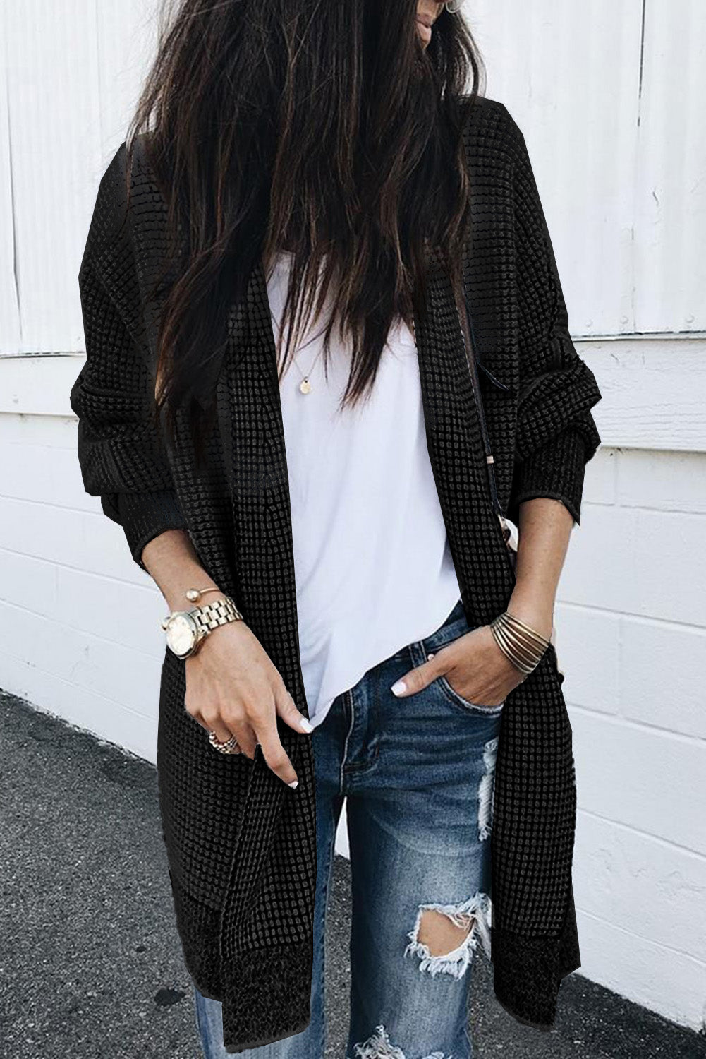 Black Plaid Casual Contrast Trim Knit Cardigan