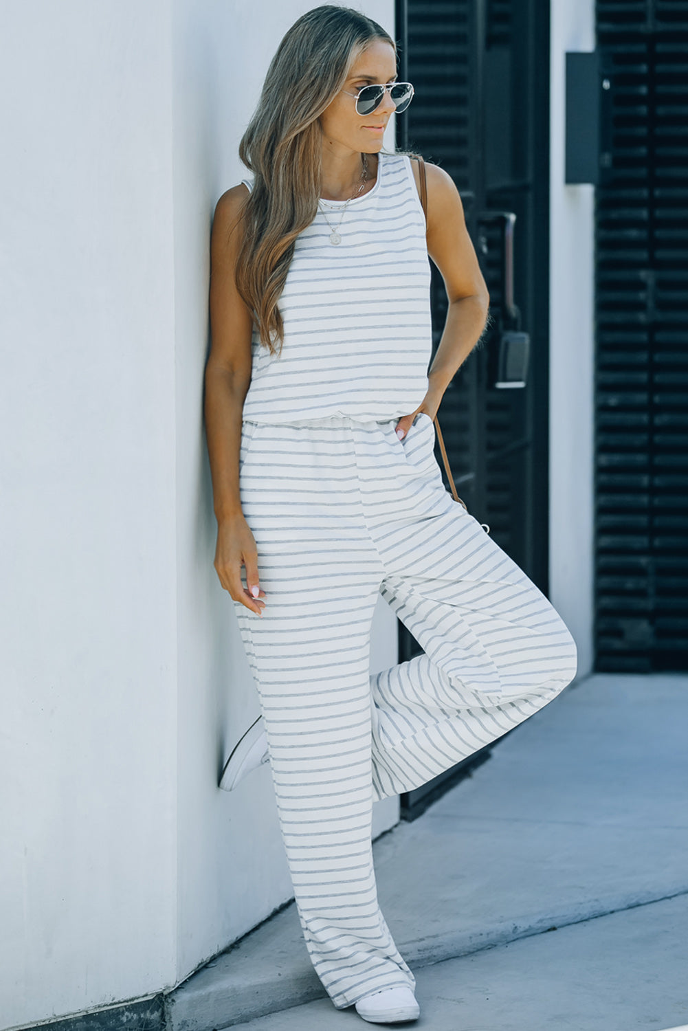 White Striped Keyhole Back Pockets Sleeveless Jumpsuit