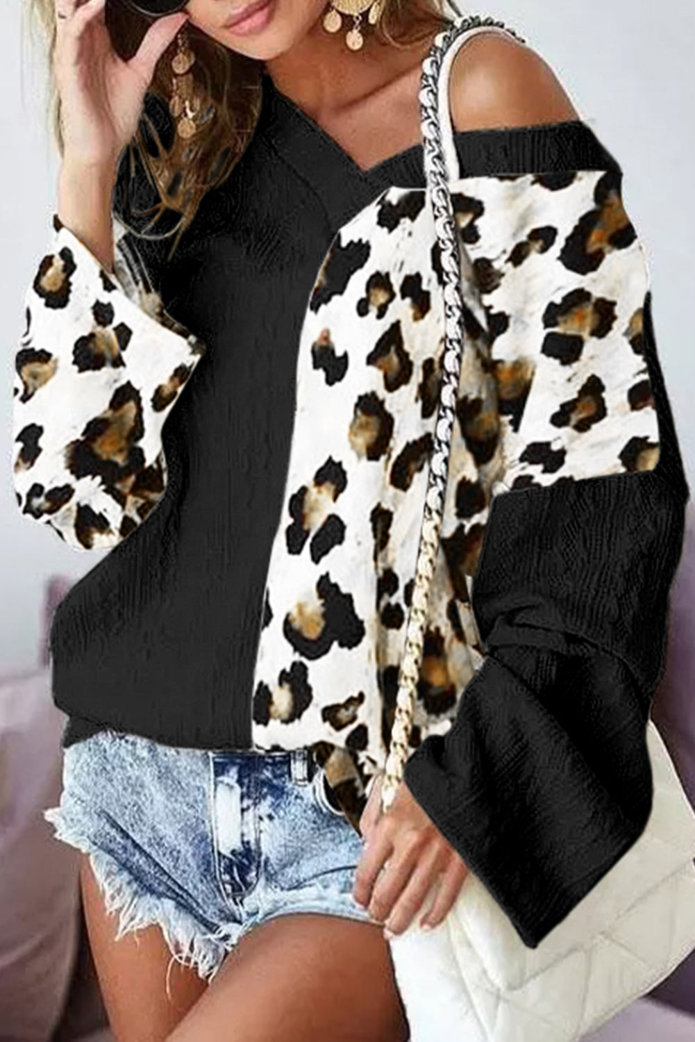 Black V Neck Leopard Colorblock Patchwork Long Sleeve Top