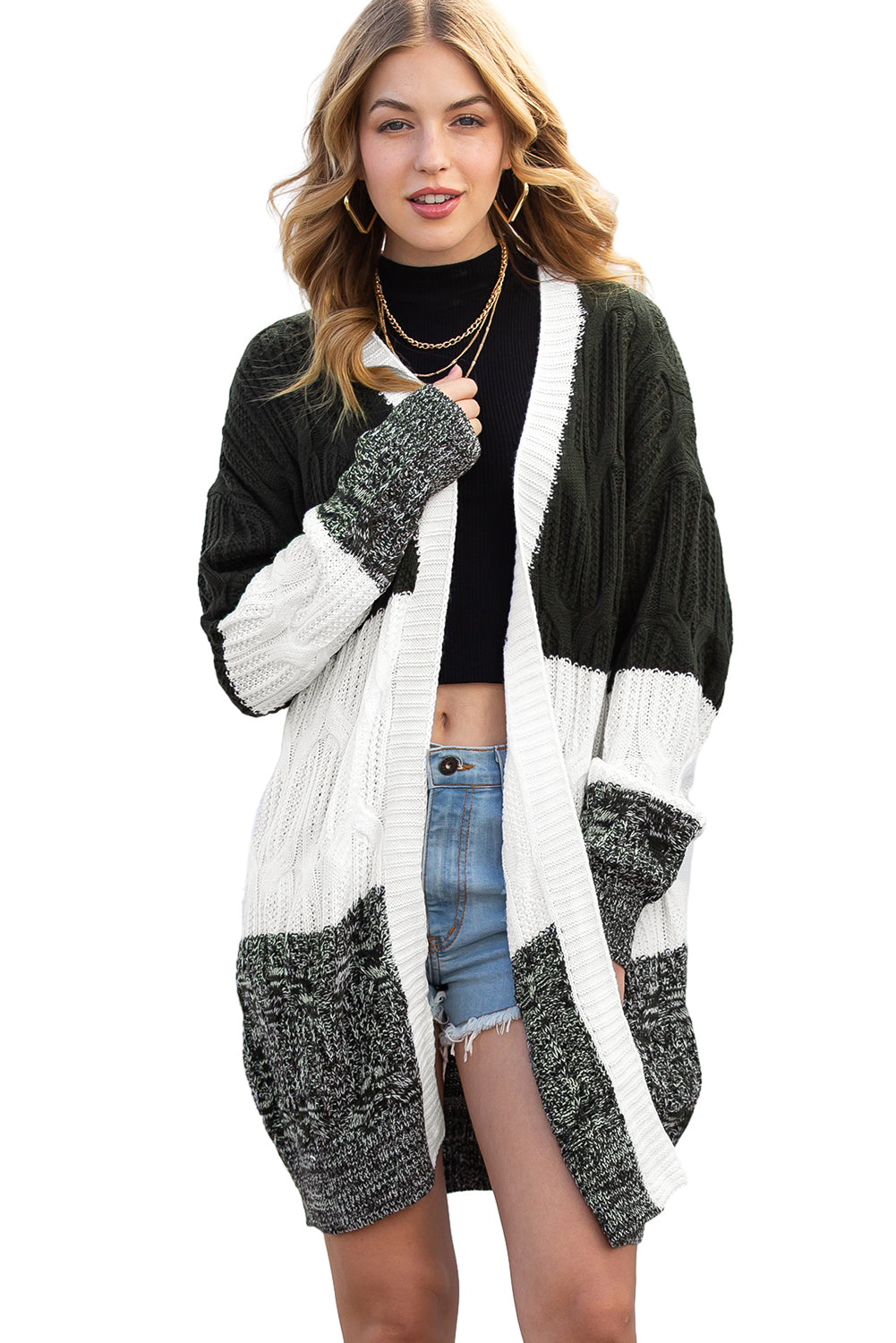 Multicolour Colorblock Textured Cable Knit Open Front Cardigan