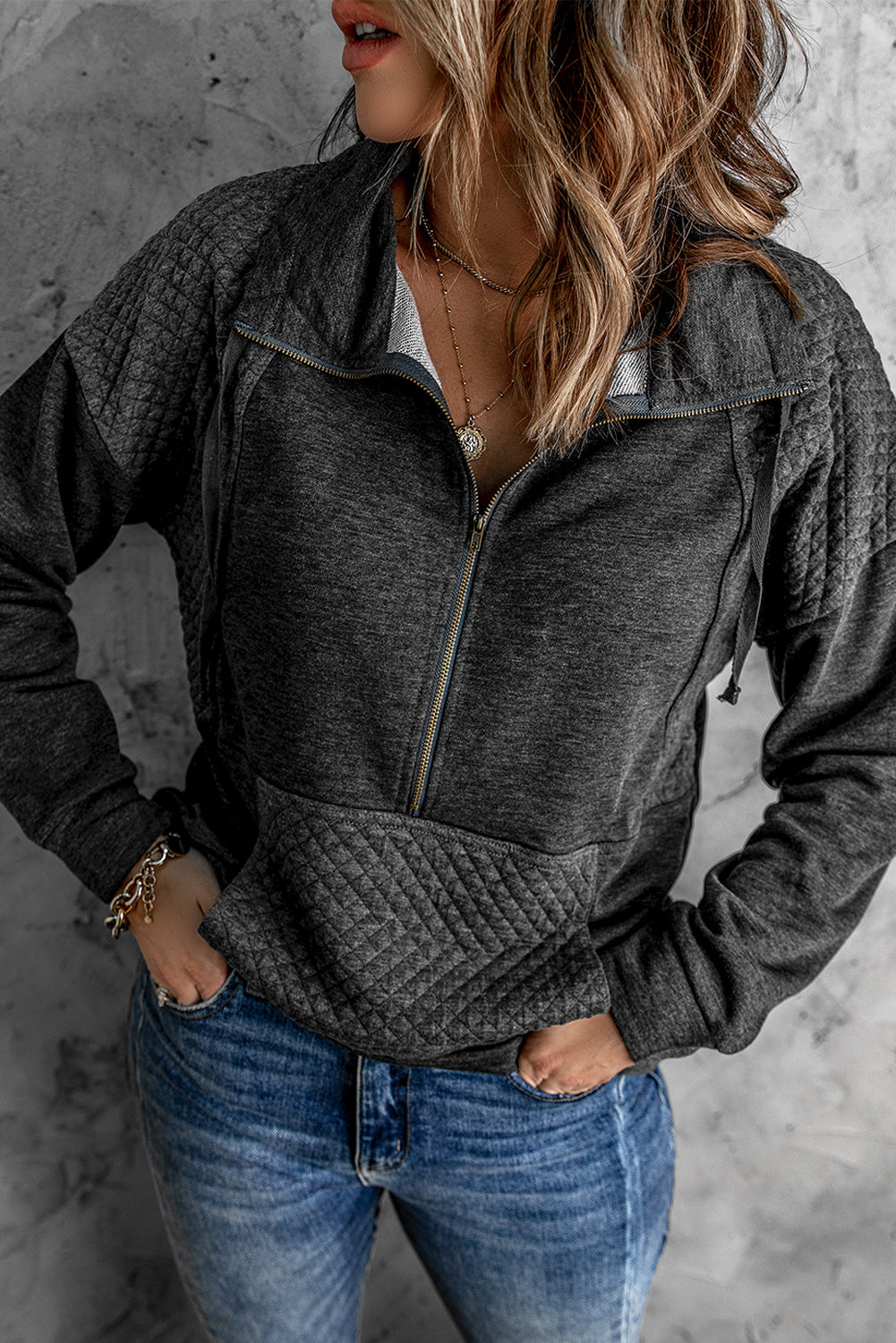 Dark Grey Quilted Kangaroo Pocket Half Zip Sweatshirt