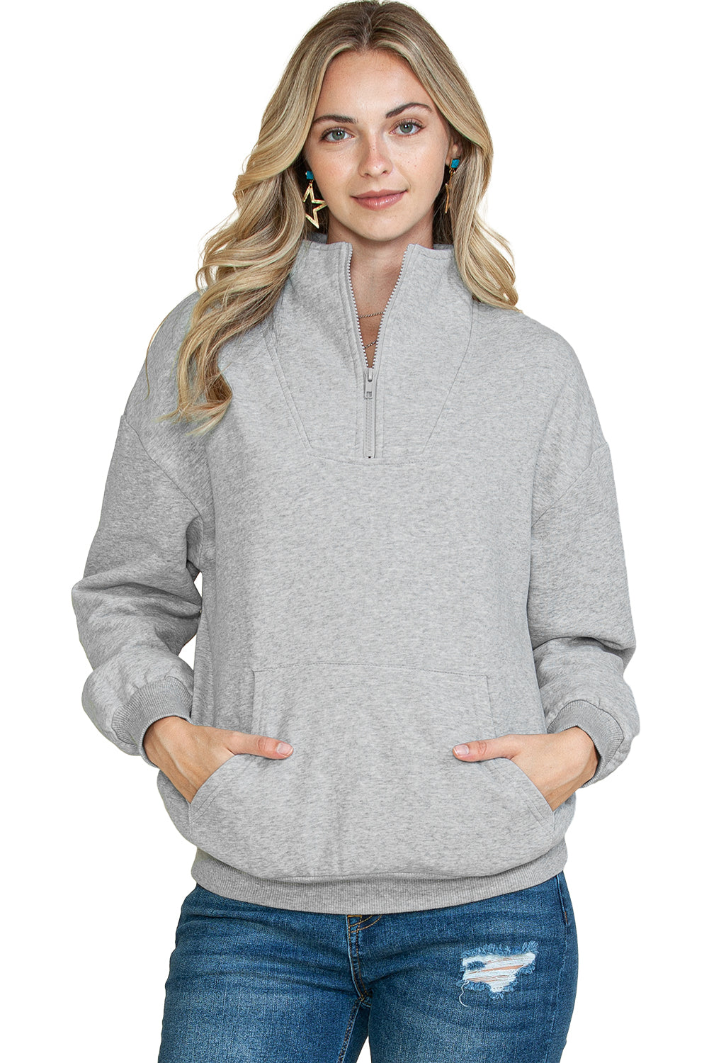 Gray Zipped Funnel Neck Kangaroo Pocket Sweatshirt