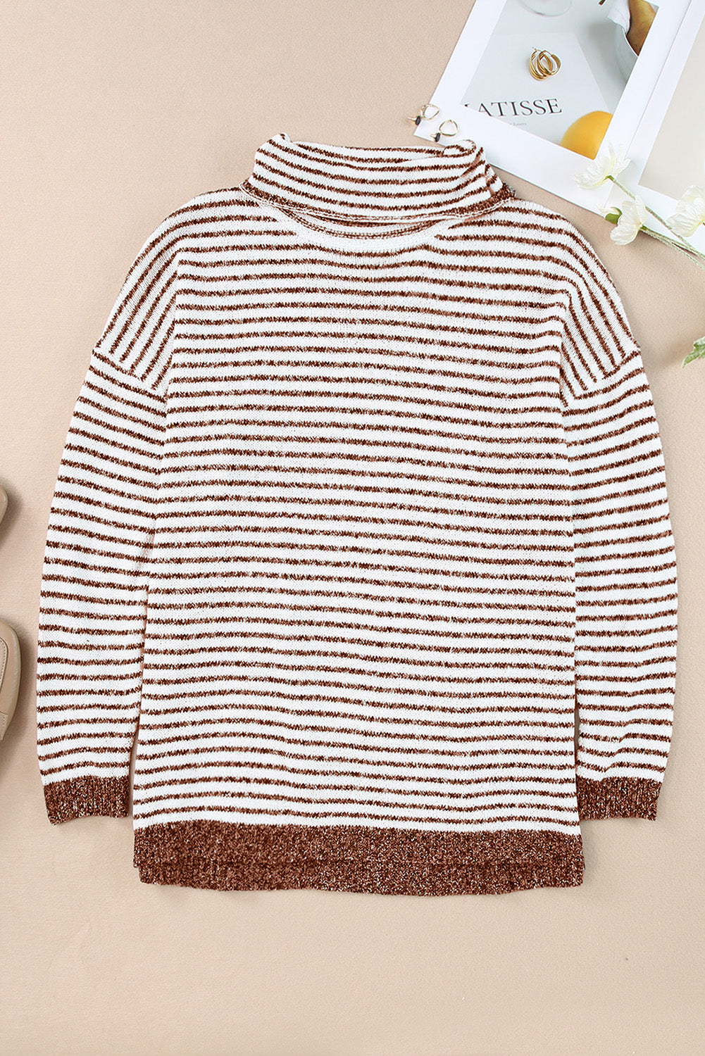 Khaki Striped Turtleneck Oversized Sweater