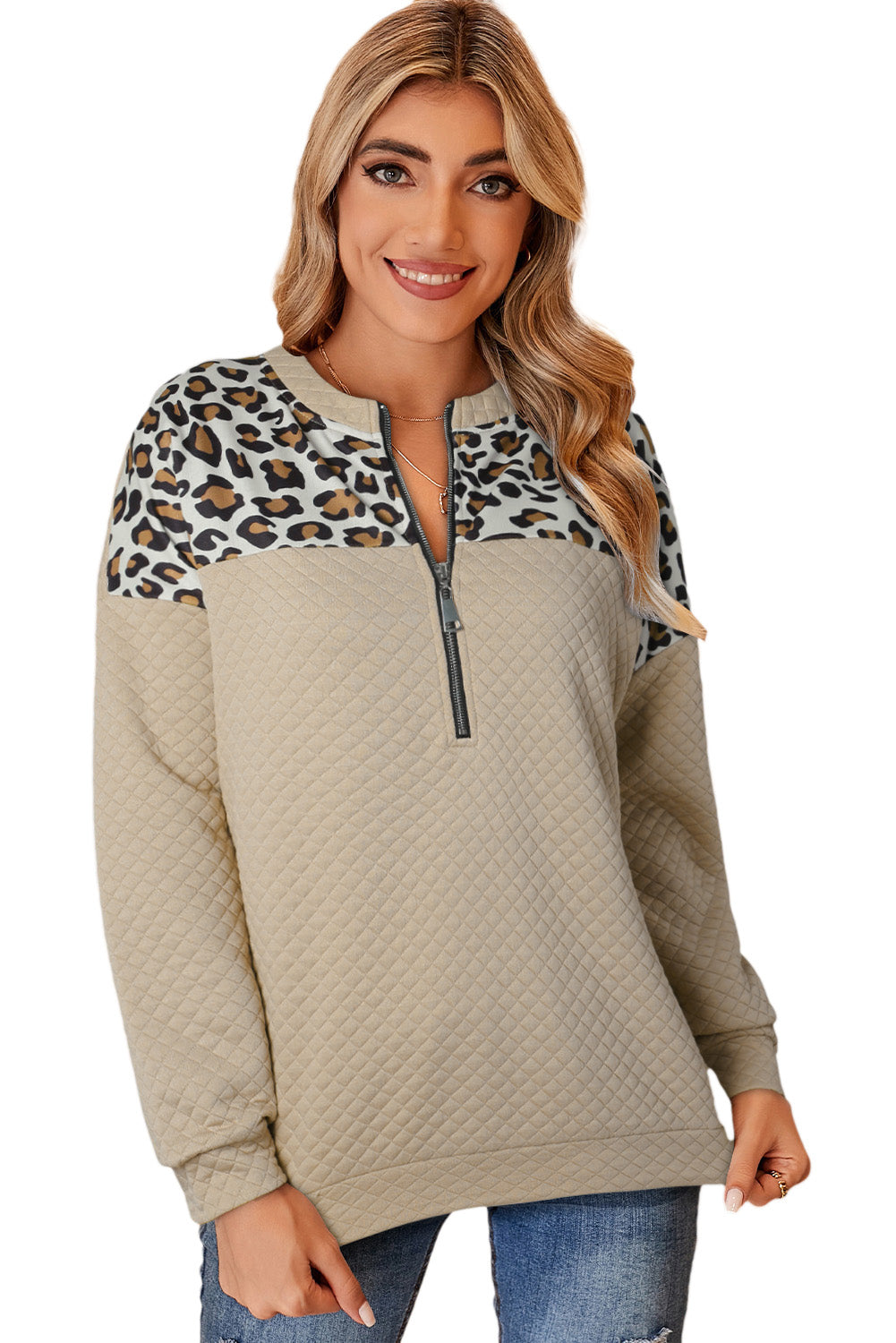 Apricot Leopard Quilted Drop Shoulder Half Zipped Sweatshirt