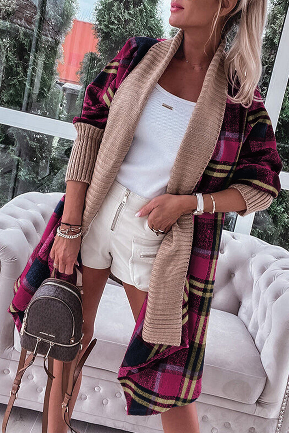 Brown Ribbed Splicing Plaid Open Front Cardigan