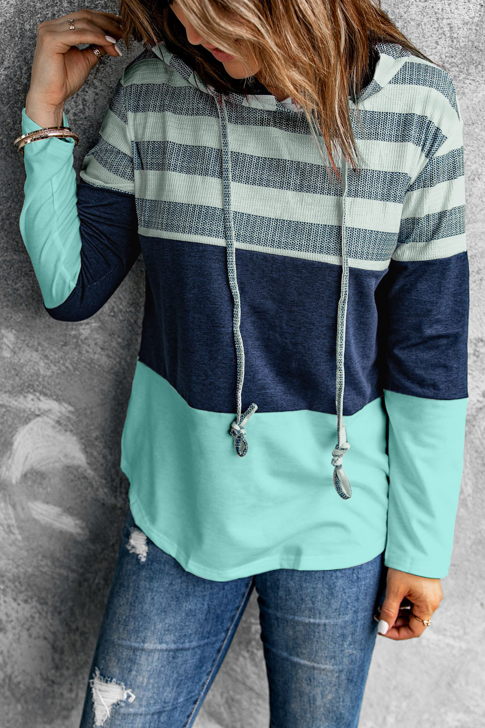 Navy Blue and White Stripes Pullover Hoodie for Women