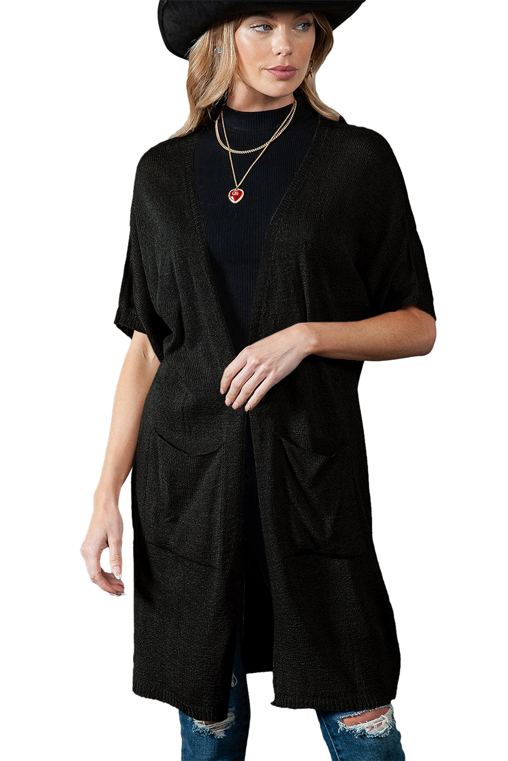 Black Dolman Half Sleeve Pocketed Long Cardigan