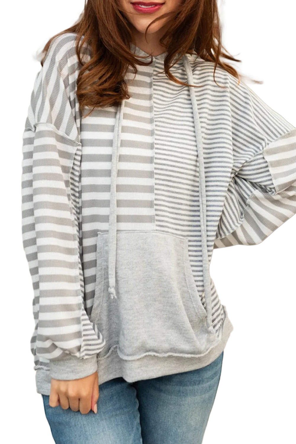 Gray Striped Patchwork Kangaroo Pocket Hoodie