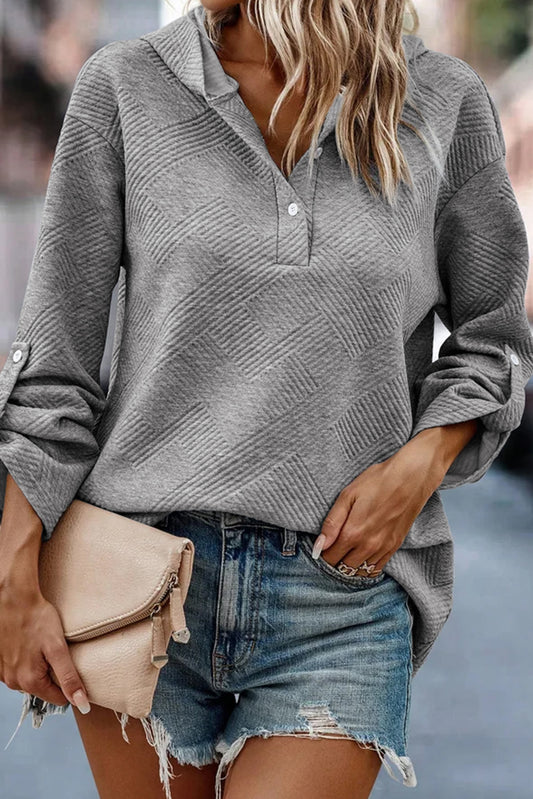 Grey Textured Rolled Up Sleeve Henley Hoodie