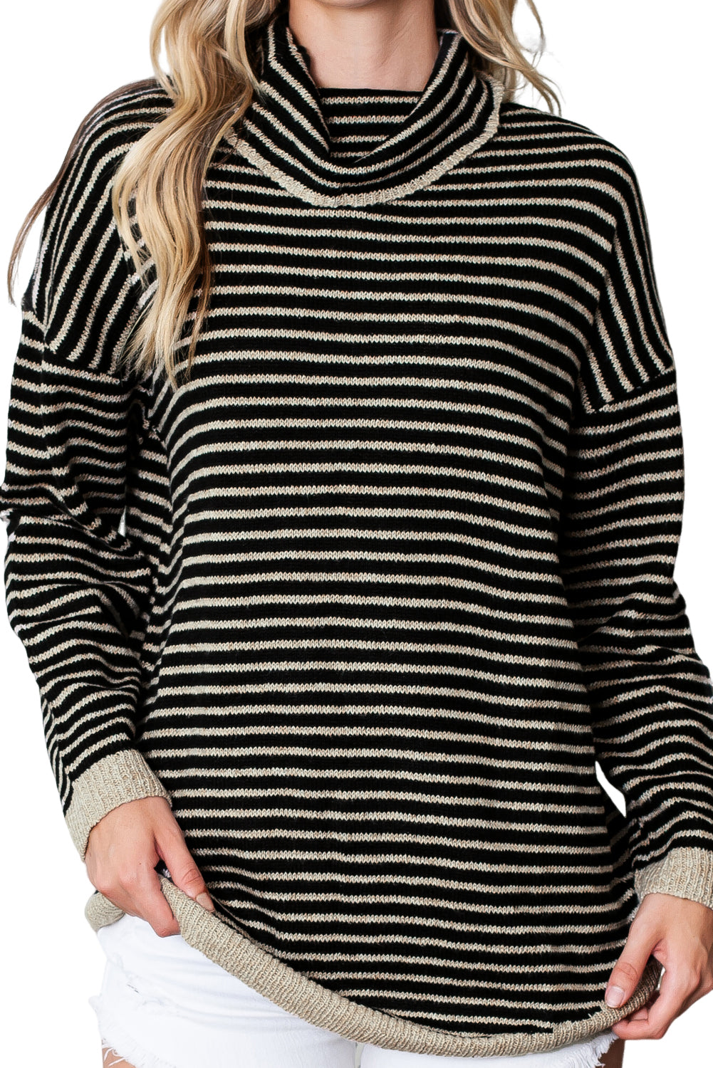 Khaki Striped Turtleneck Oversized Sweater