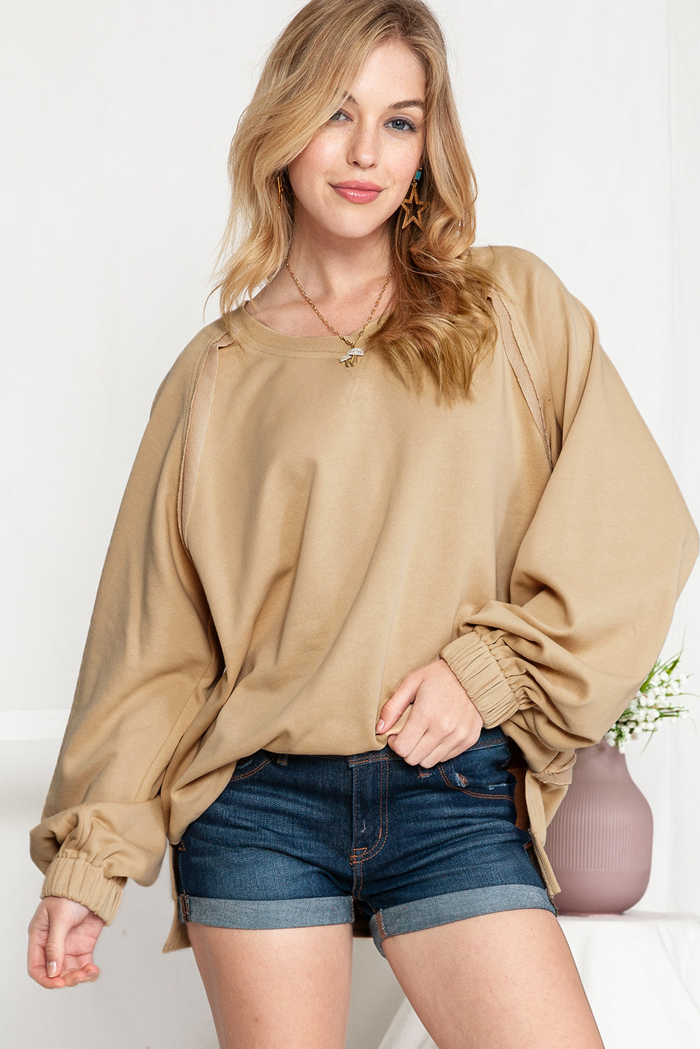 Flaxen Patchwork Crisscross Back Oversized Sweatshirt