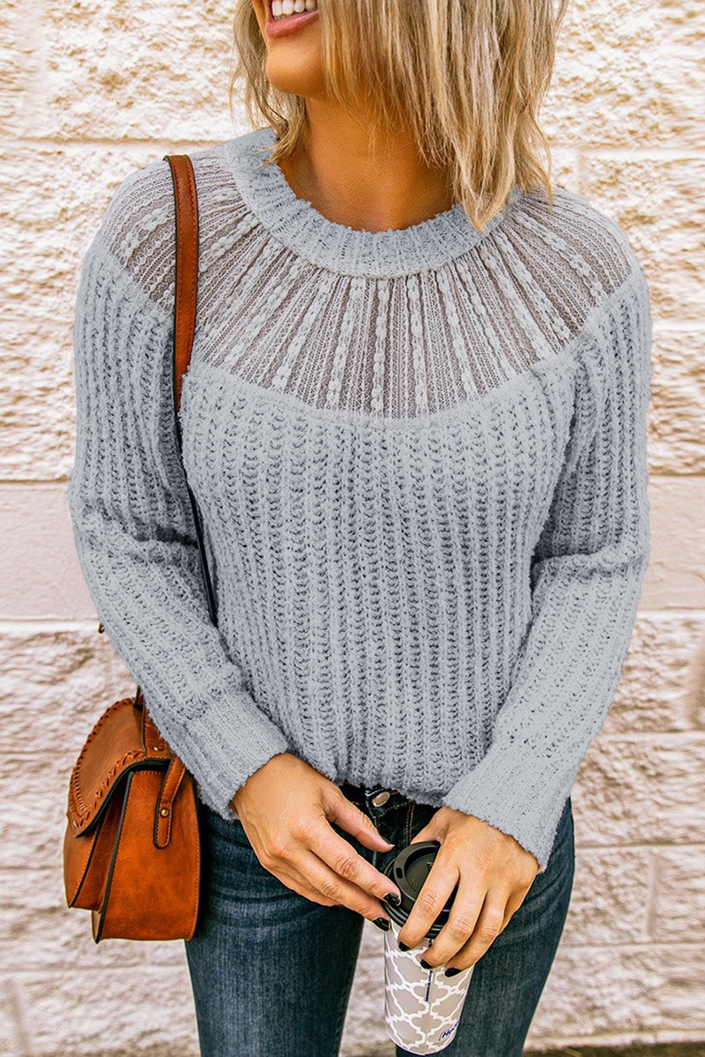 Gray Round Neck Lace Splicing Knitted Sweater