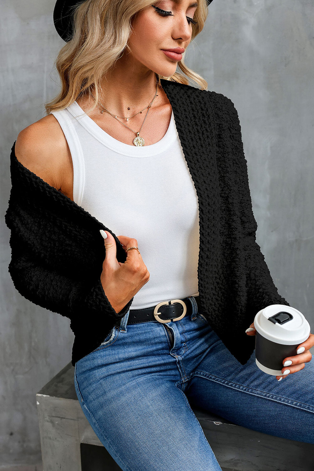 Gray Popcorn Knit Open Front Cardigan