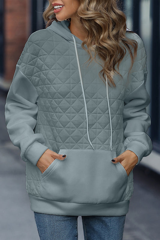 Light Grey Drop Shoulder Kangaroo Pocket Patchwork Quilted Hoodie