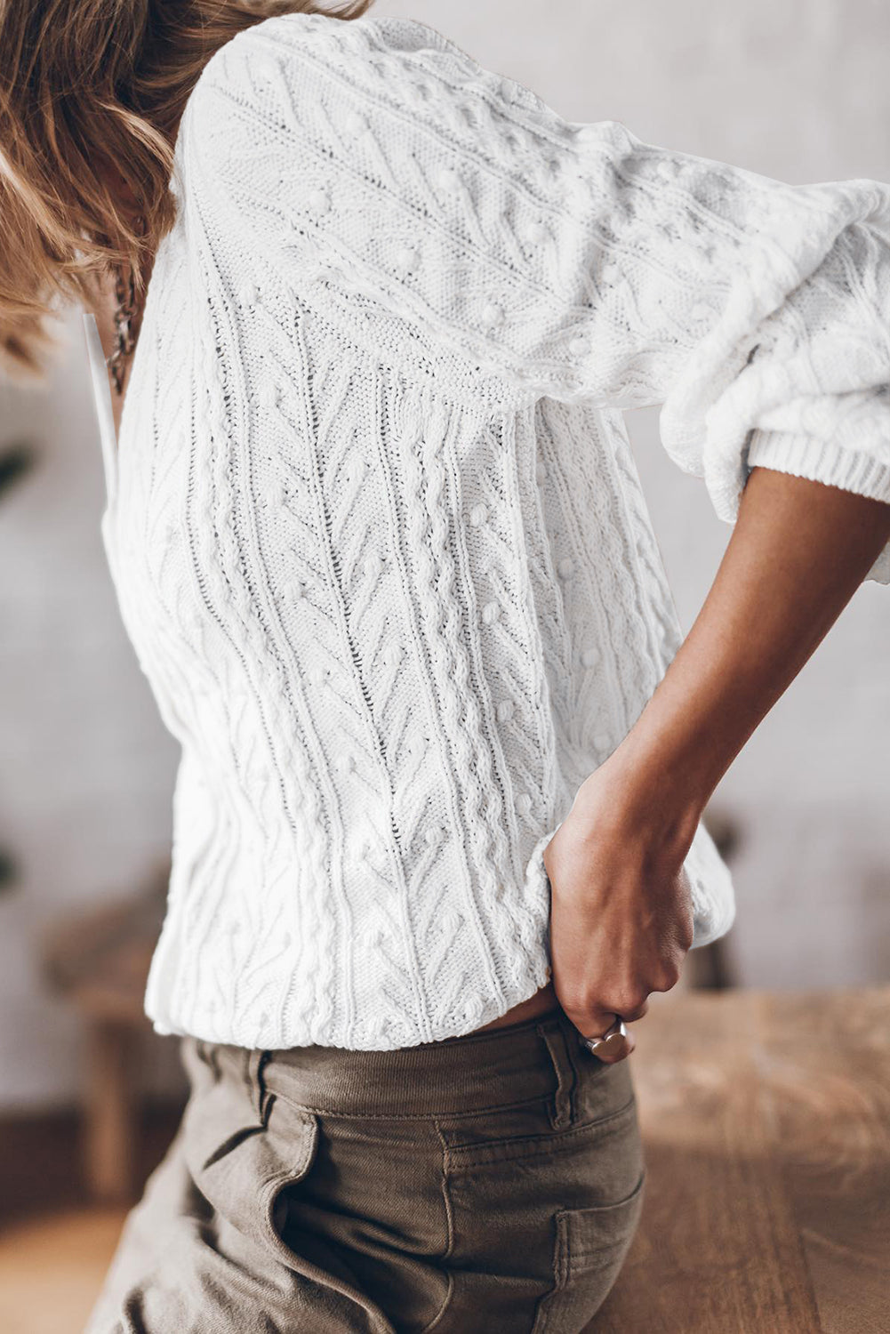 White Solid Cable Knit V Neck Puff Sleeve Cardigan