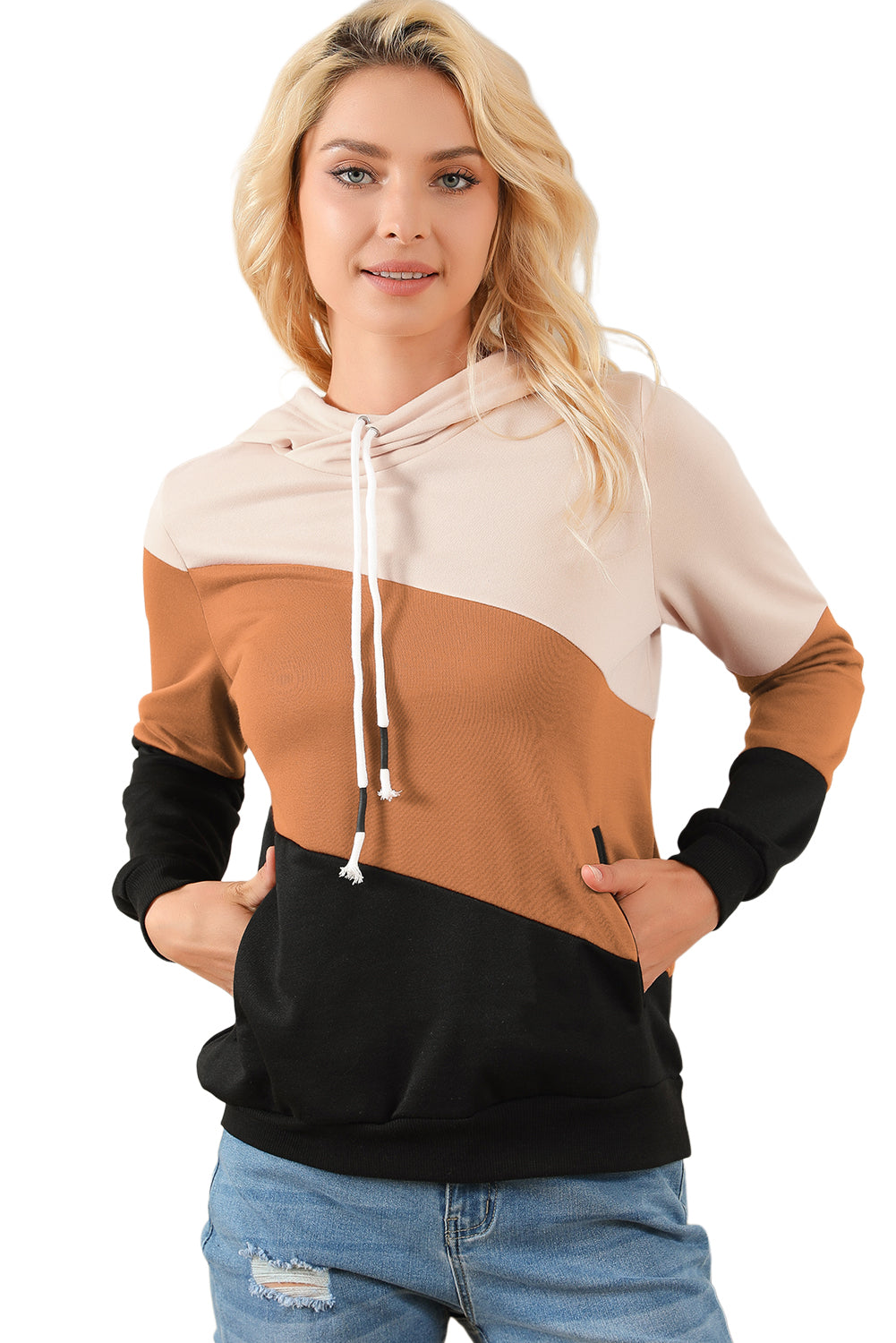 Khaki Color Block Long Sleeve Pullover Hoodie