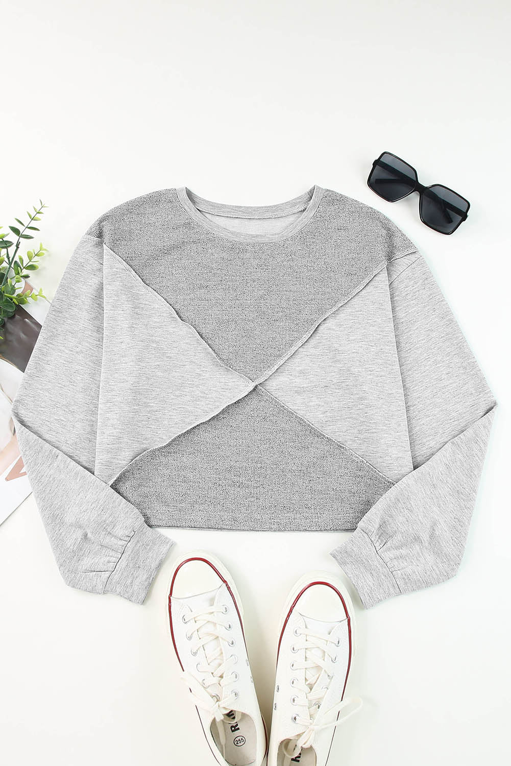 Gray Expose Seam Knitted Patchwork Cropped Top