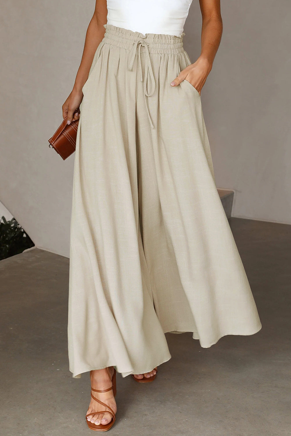 Gray Drawstring Smocked High Waist Wide Leg Pants