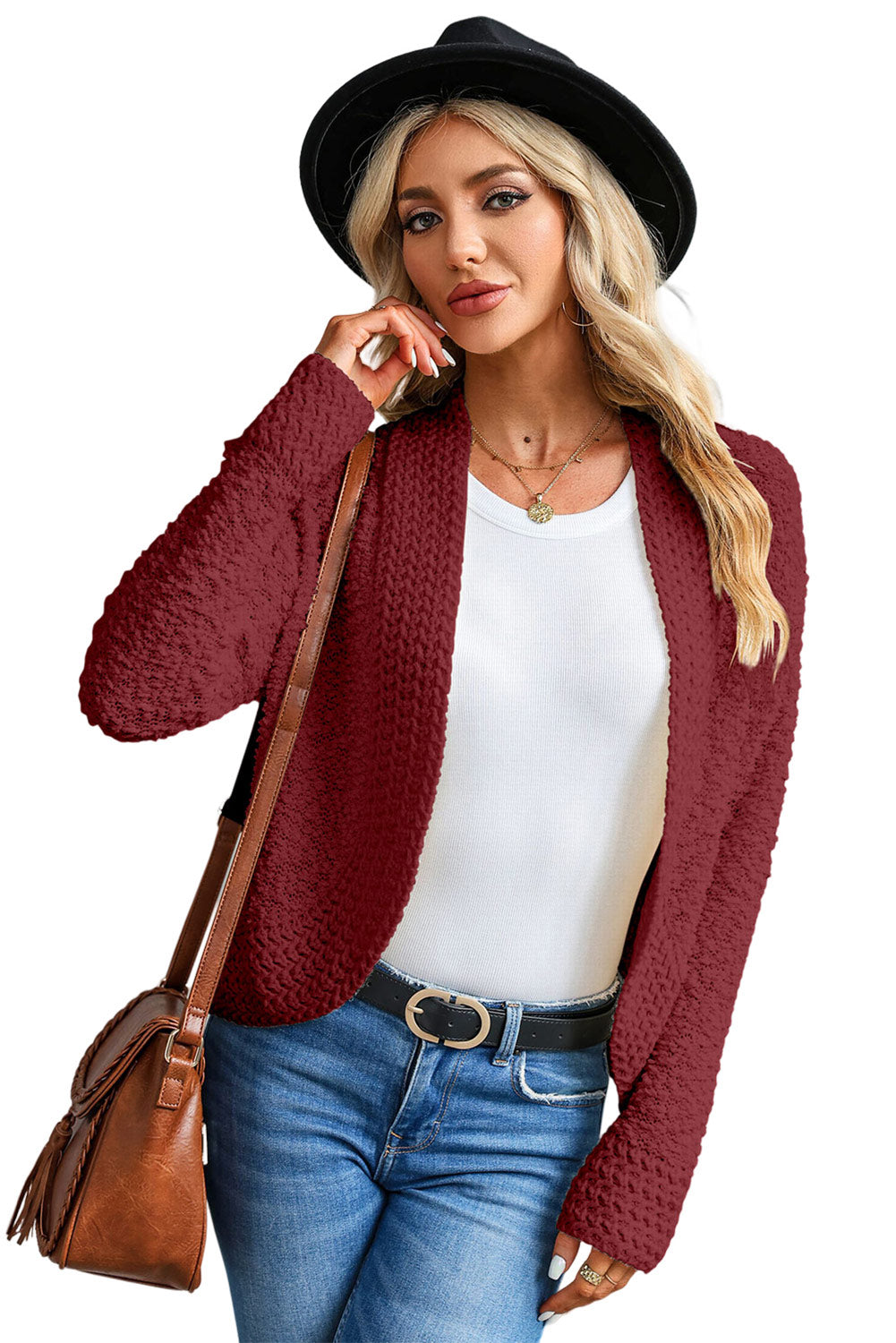 Gray Popcorn Knit Open Front Cardigan