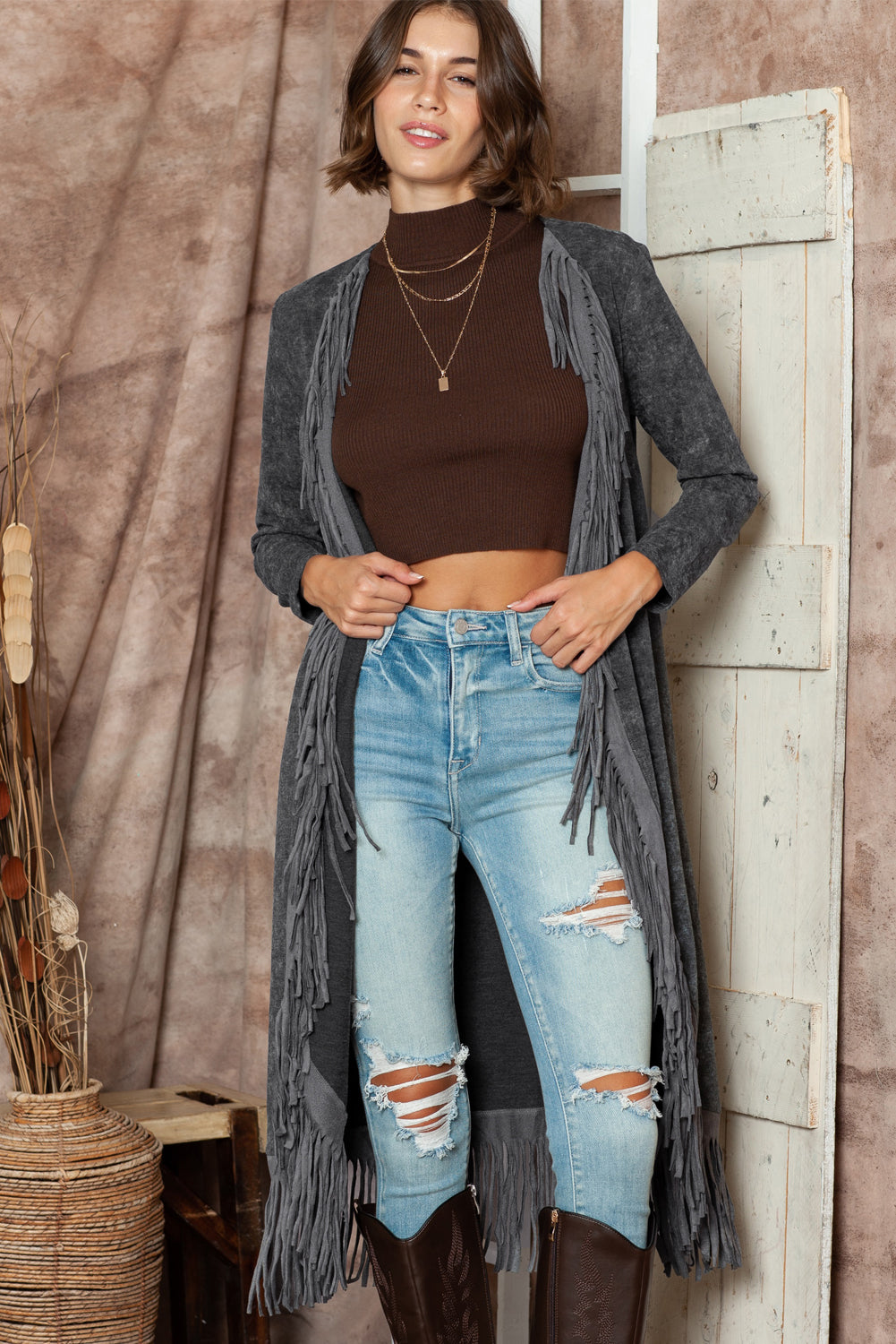 Black Mineral Washed Tassel Open Front Long Cardigan