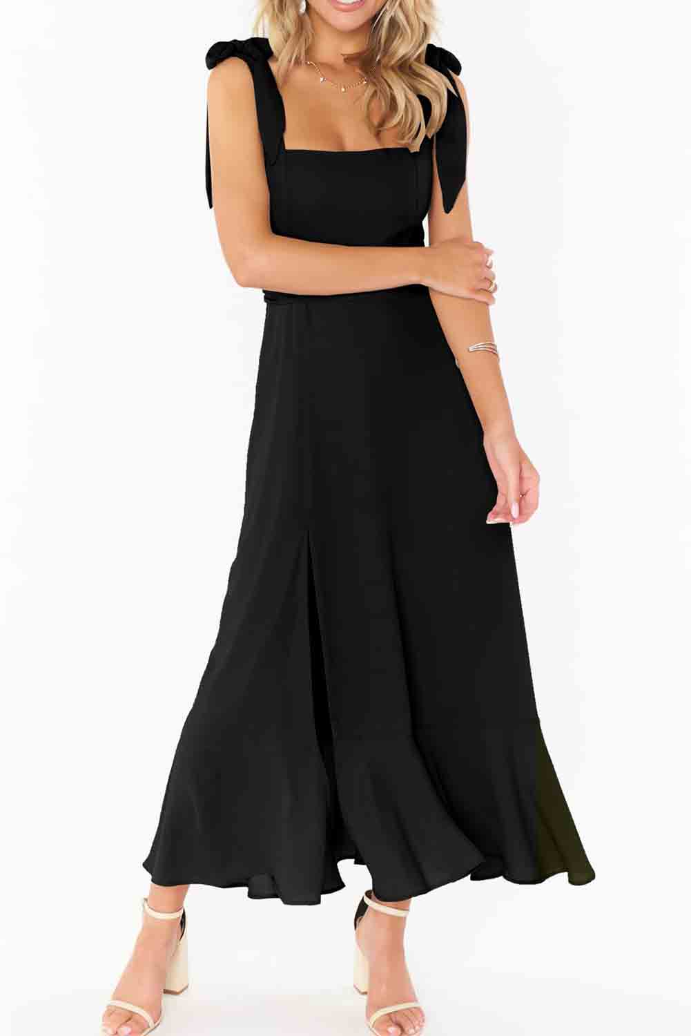 Black Tie Shoulder Smocked Back Side Slit Maxi Dress