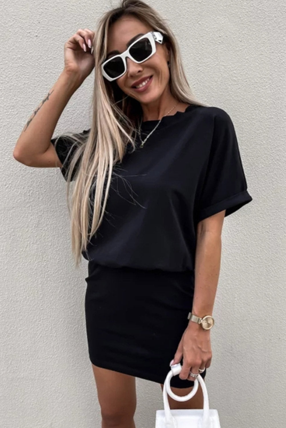 Black Basic Waist-cinching Short T Shirt Dress