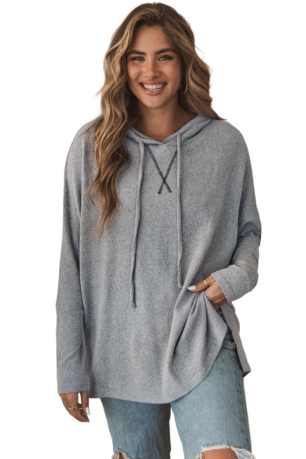 Grey Solid Color Casual Loose Drawstring Hoodie