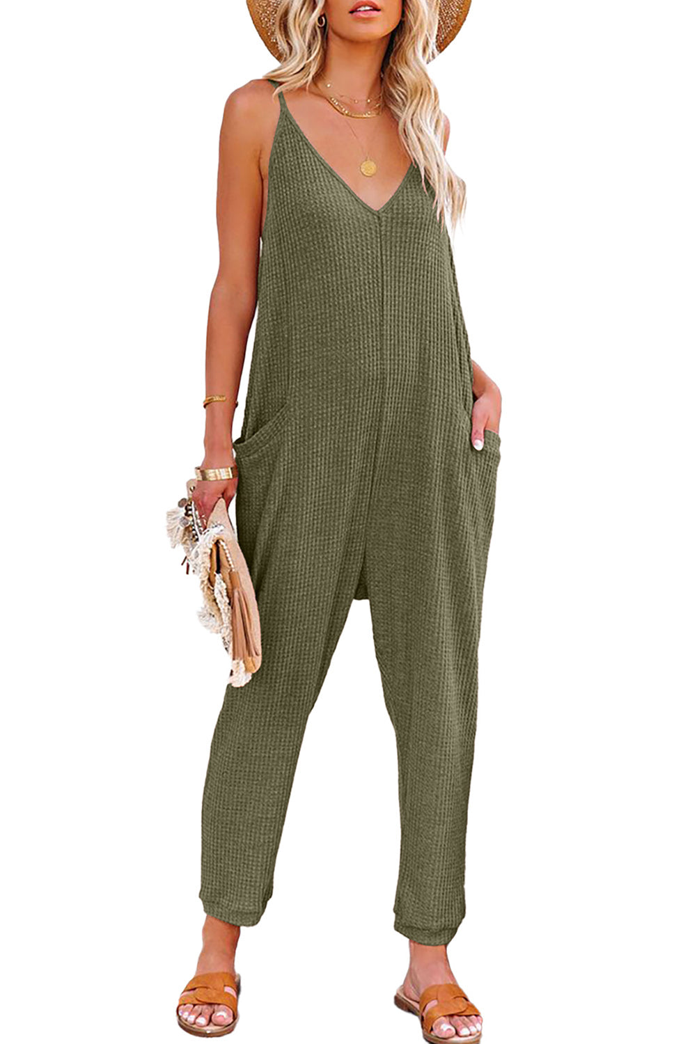 Black Textured Sleeveless V-Neck Pocketed Casual Jumpsuit