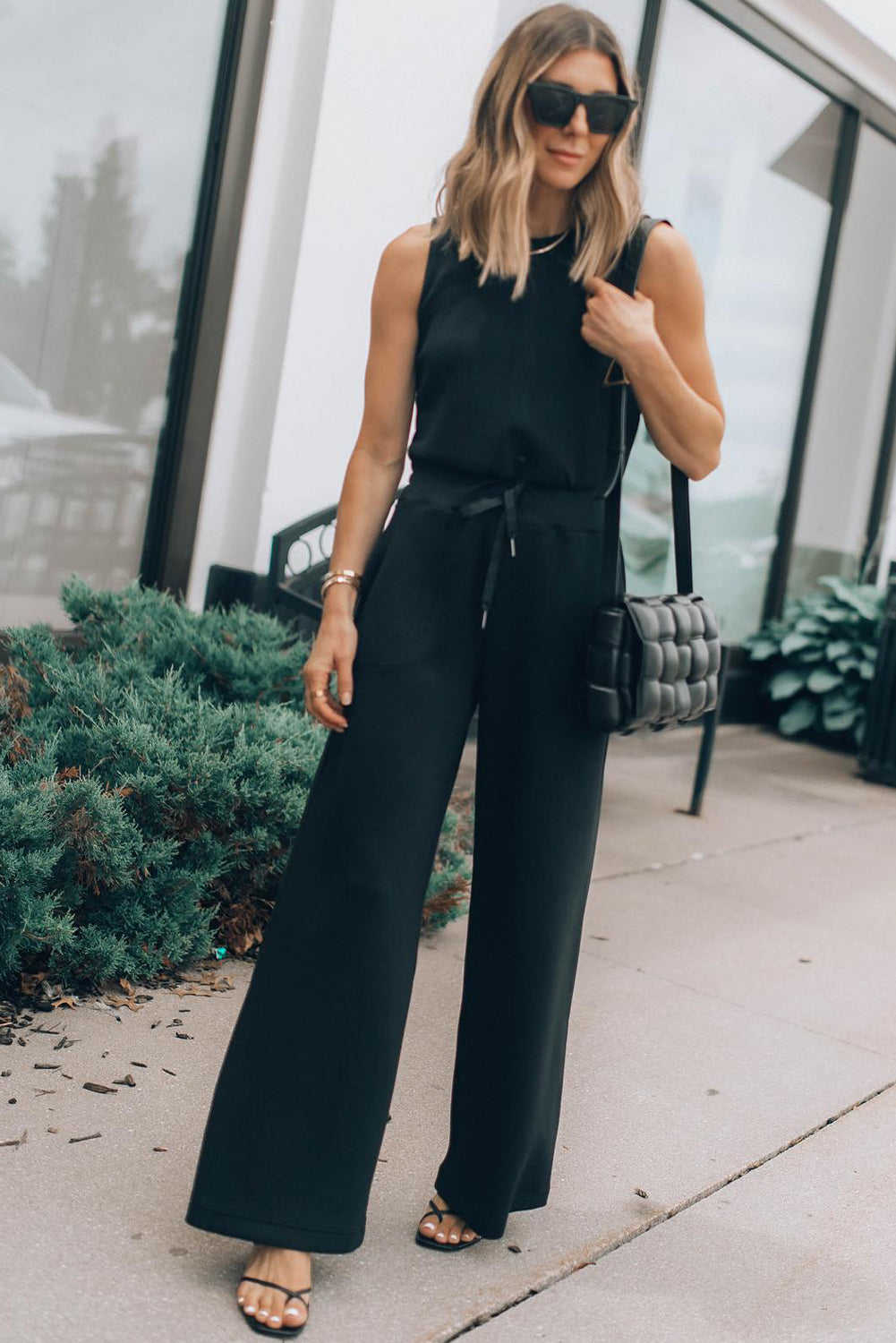 Black Solid Sleeveless Wide Leg Tank Jumpsuit