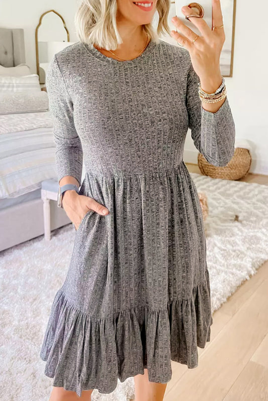 Gray Pocket Ribbed Pleated Ruffle Hem Mini Dress