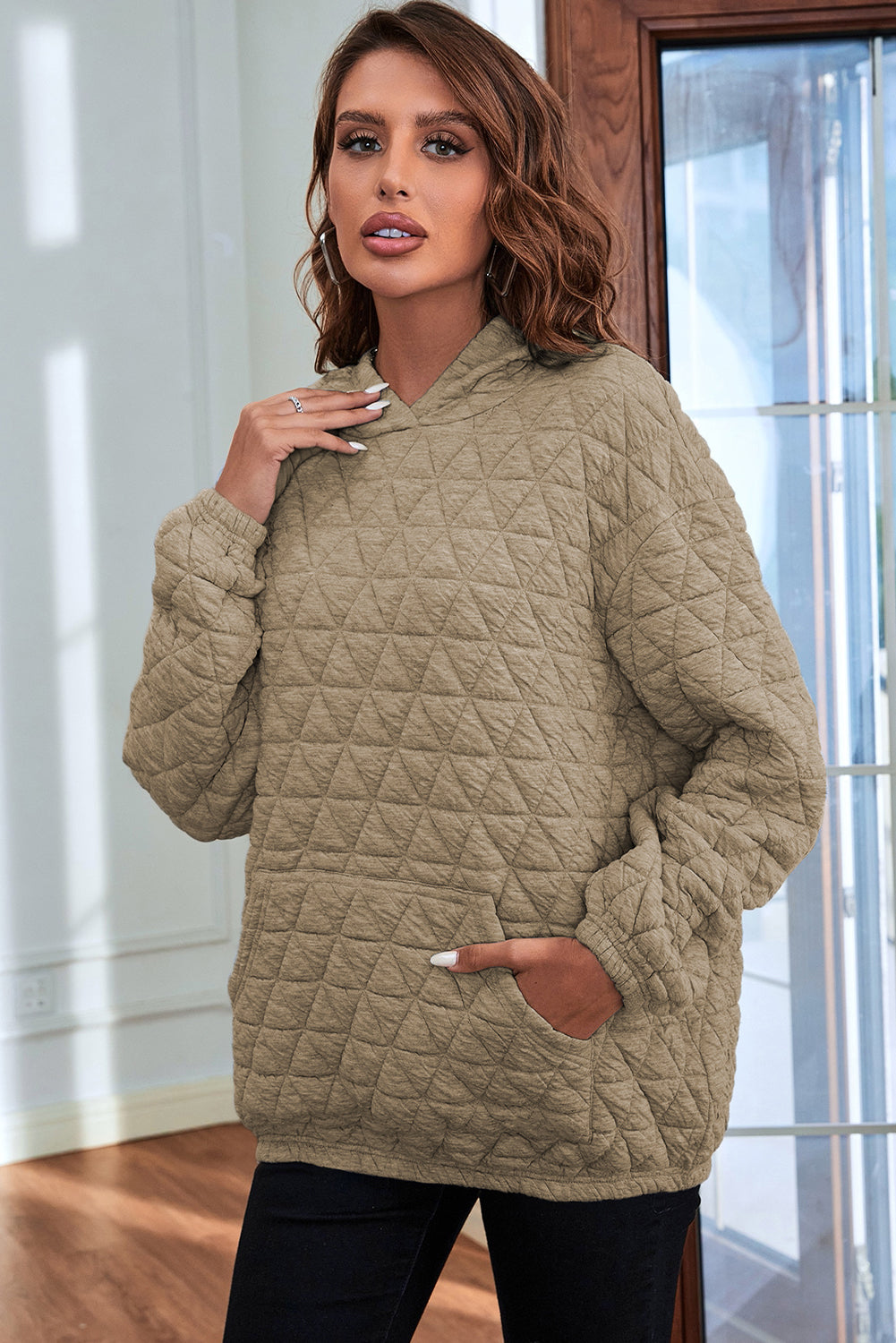 Light Grey Thermal Quilted Kangaroo Pocket Hoodie