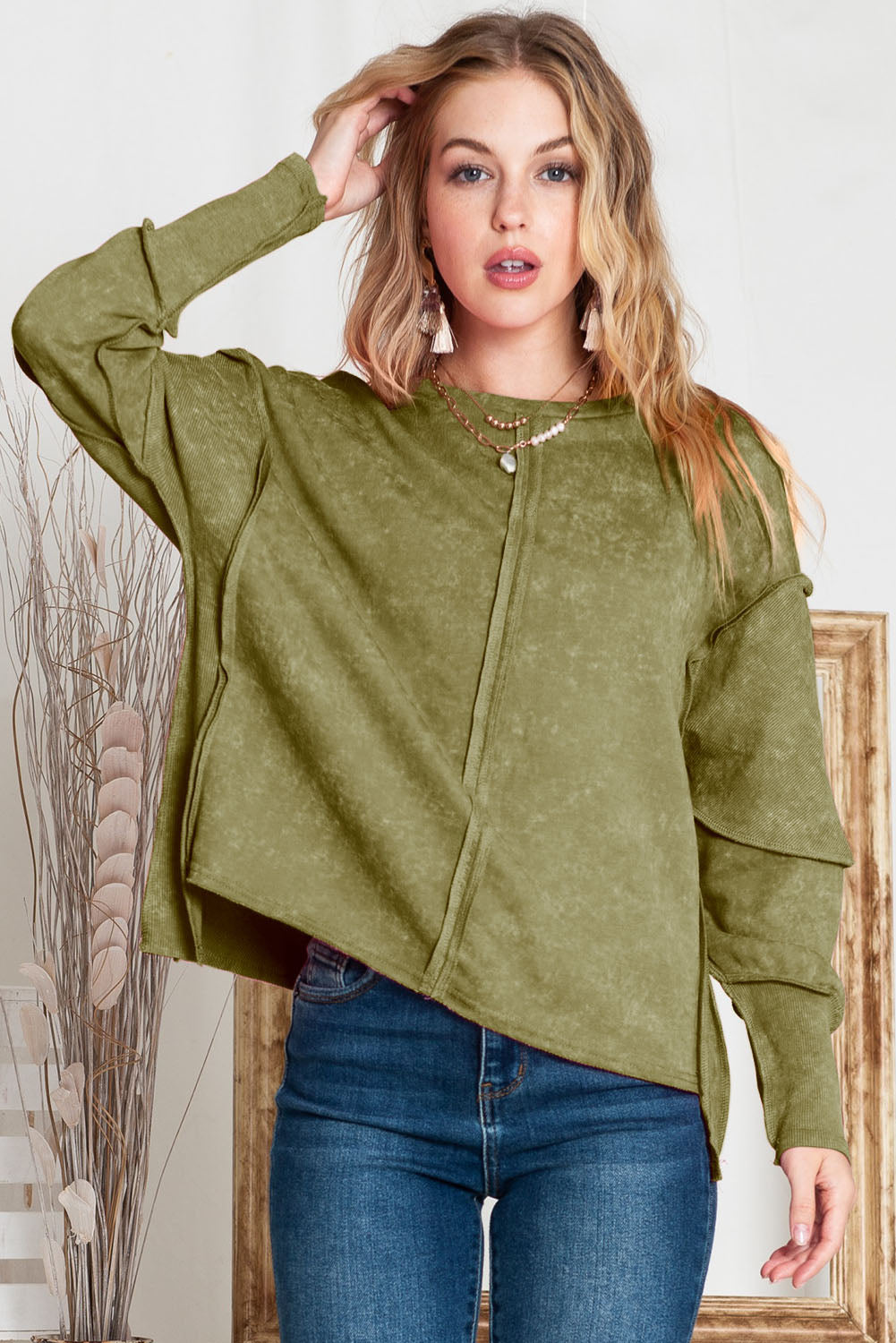 Desert Palm Patchwork Long Sleeve Distress Pullover Sweatshirt