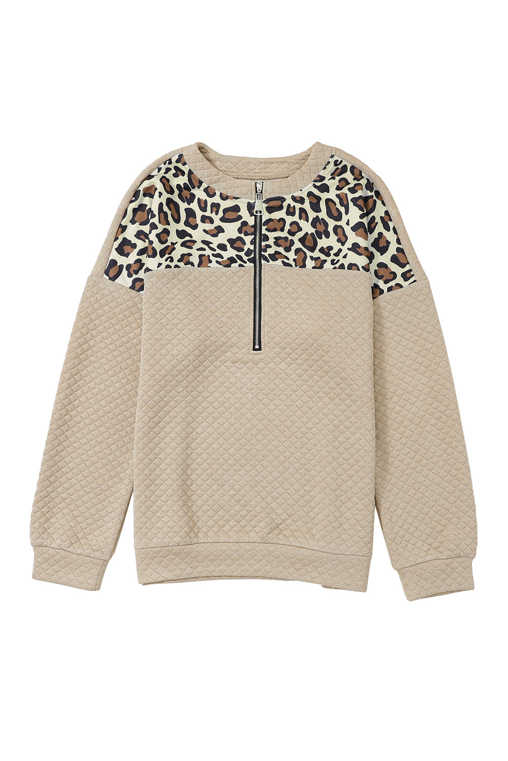 Apricot Leopard Quilted Drop Shoulder Half Zipped Sweatshirt